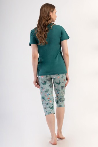 PINARCA EV GİYİM - Pınarca Kadın Kapri Takım Kısa Kollu Pamuklu Gömlek Yaka Çiçek Baskılı - Yeşil (1)