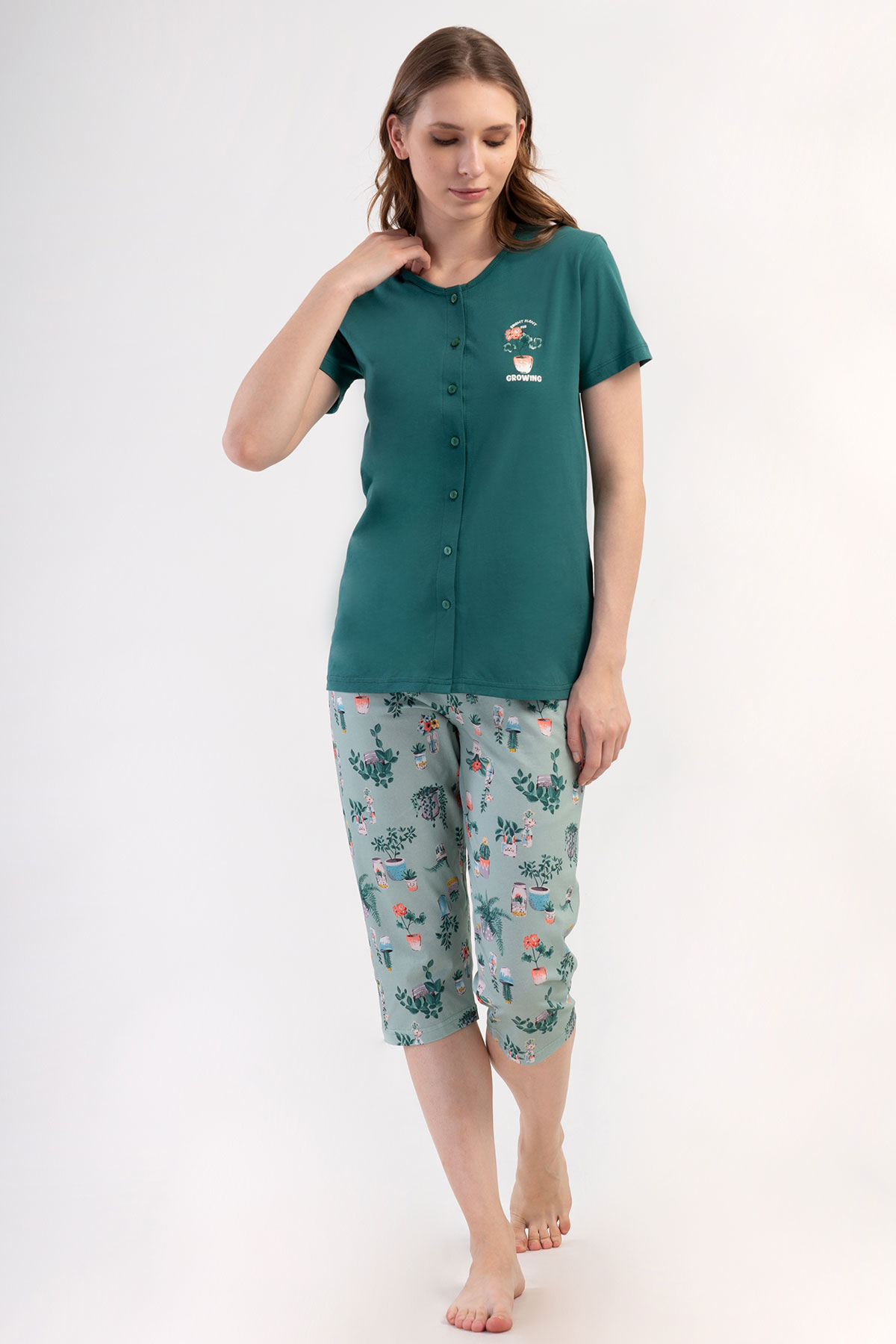 Pınarca Kadın Kapri Takım Kısa Kollu Pamuklu Gömlek Yaka Çiçek Baskılı - Yeşil - Thumbnail