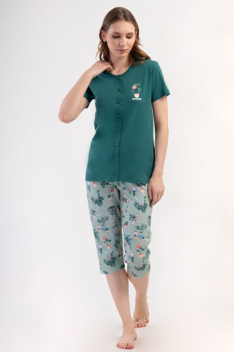 PINARCA EV GİYİM - Pınarca Kadın Kapri Takım Kısa Kollu Pamuklu Gömlek Yaka Çiçek Baskılı - Yeşil