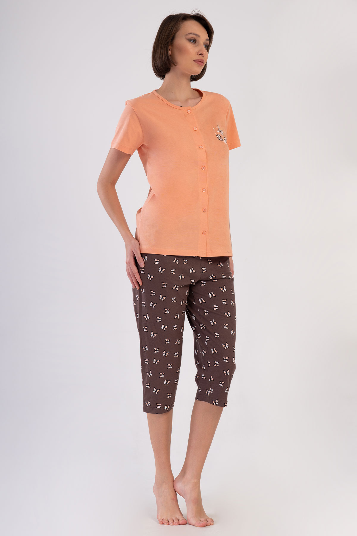 Pınarca Kadın Kapri Takım Kısa Kollu Pamuklu Gömlek Yaka Kelebek Baskılı - Somon - Thumbnail