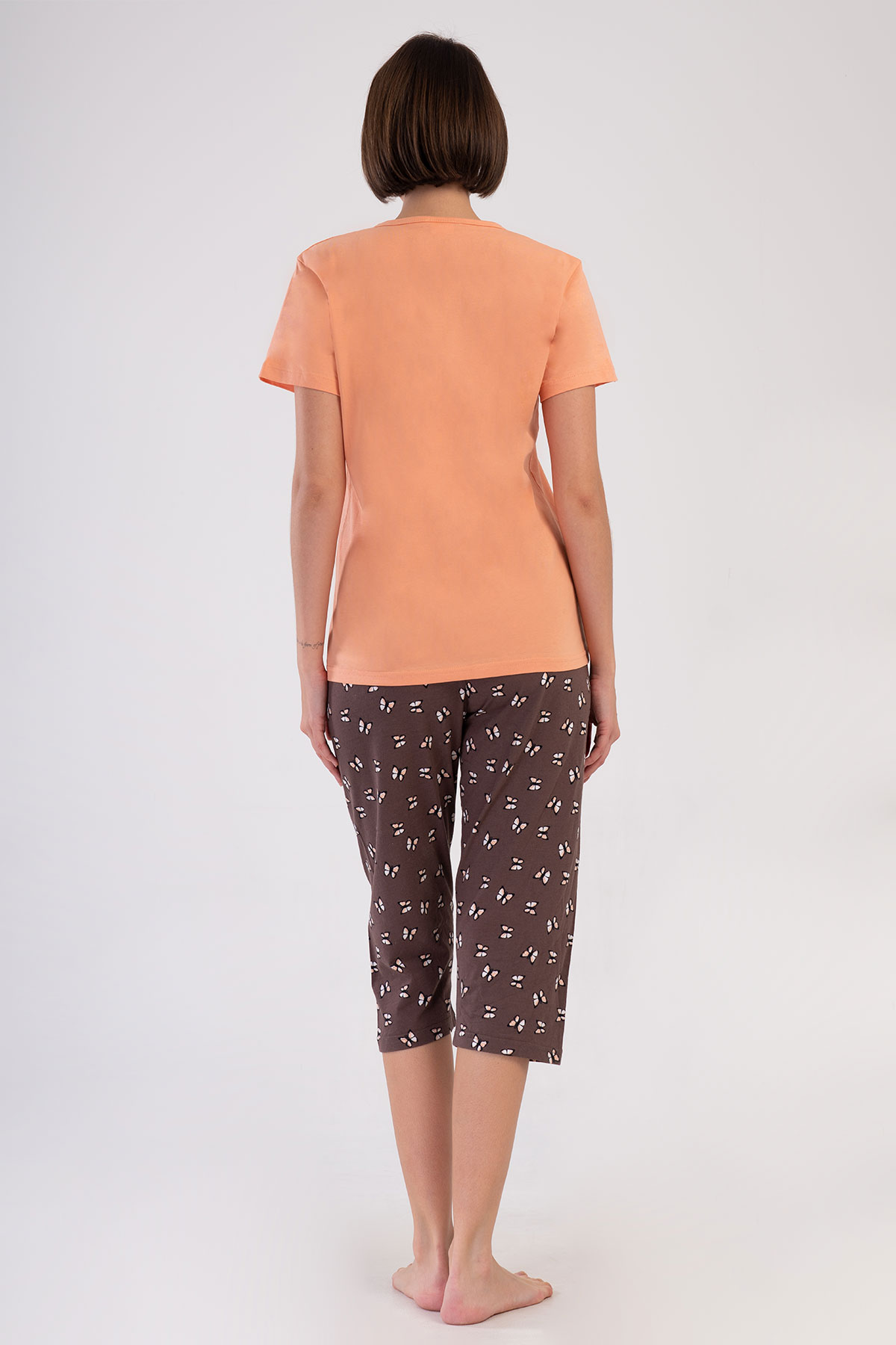 Pınarca Kadın Kapri Takım Kısa Kollu Pamuklu Gömlek Yaka Kelebek Baskılı - Somon - Thumbnail