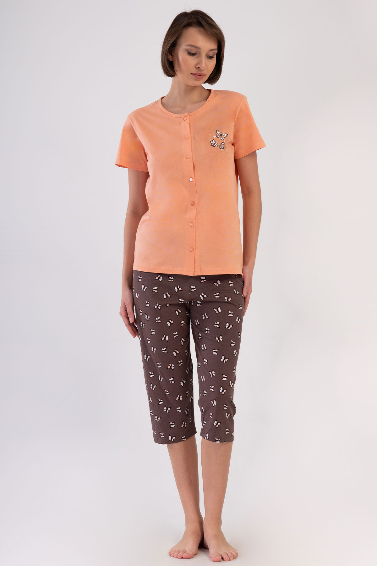 Pınarca Kadın Kapri Takım Kısa Kollu Pamuklu Gömlek Yaka Kelebek Baskılı - Somon - Thumbnail