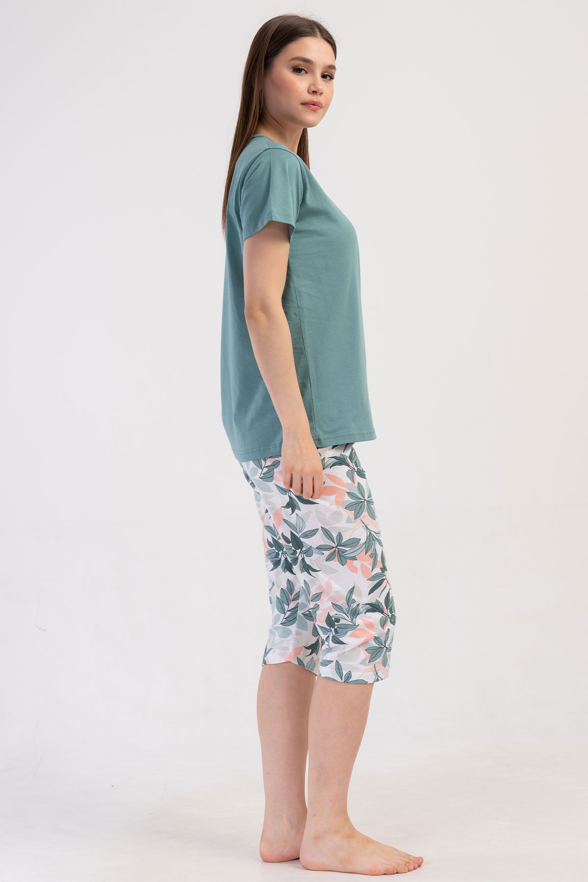 Pınarca Kadın Kapri Takım Kısa Kollu Pamuklu Gömlek Yaka Yaprak Desenli - Mint Yeşili - Thumbnail