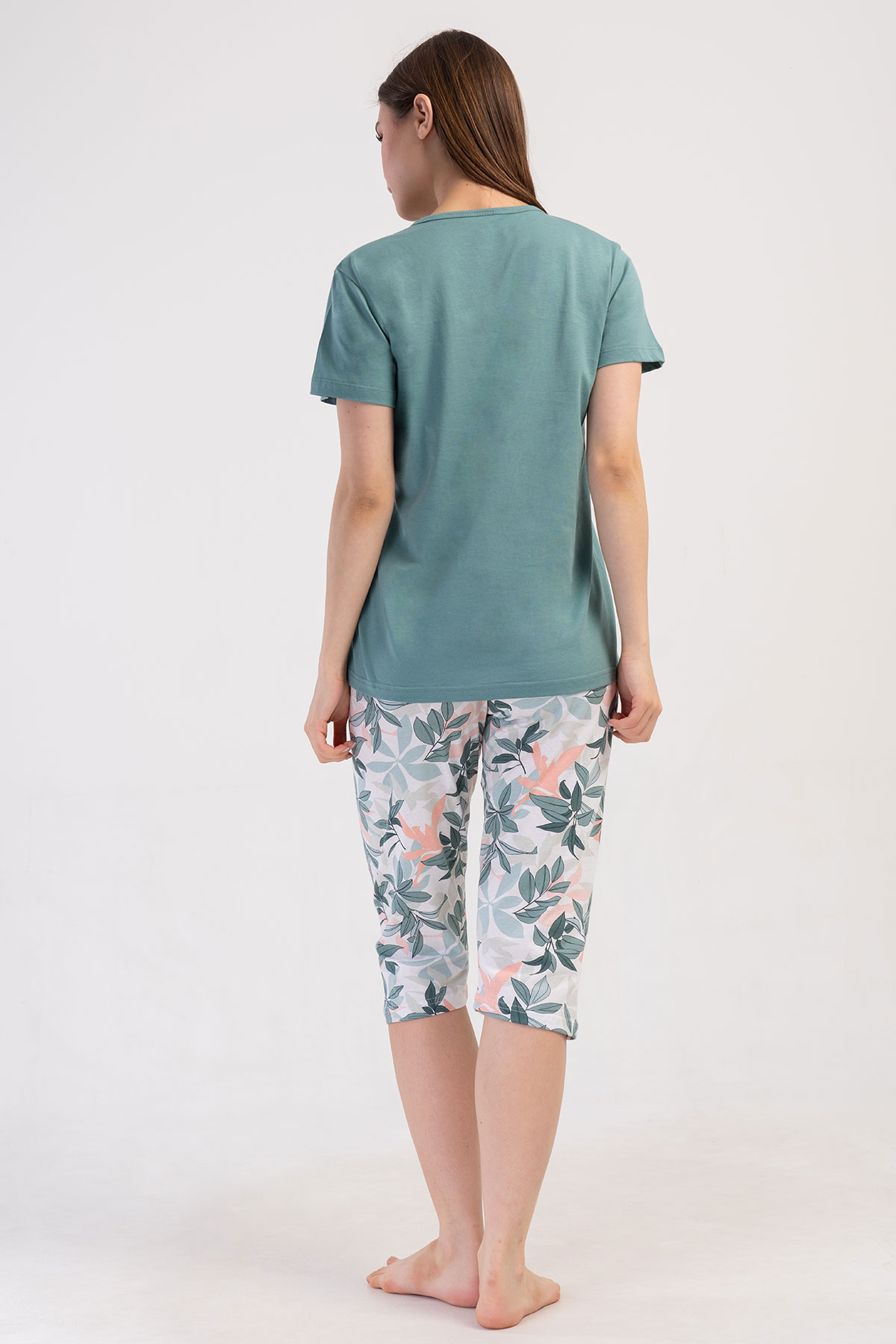 Pınarca Kadın Kapri Takım Kısa Kollu Pamuklu Gömlek Yaka Yaprak Desenli - Mint Yeşili - Thumbnail