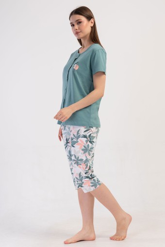 PINARCA EV GİYİM - Pınarca Kadın Kapri Takım Kısa Kollu Pamuklu Gömlek Yaka Yaprak Desenli - Mint Yeşili (1)