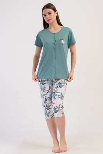 PINARCA EV GİYİM - Pınarca Kadın Kapri Takım Kısa Kollu Pamuklu Gömlek Yaka Yaprak Desenli - Mint Yeşili