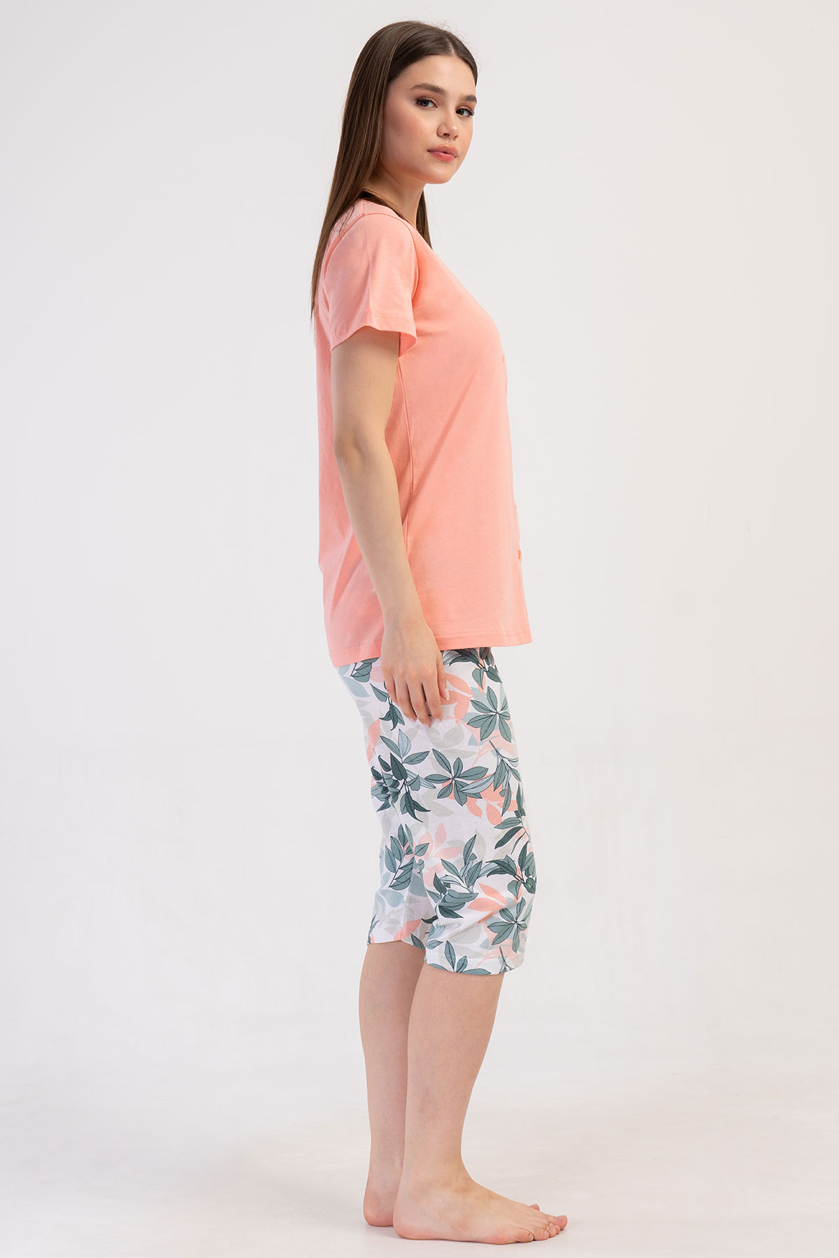 Pınarca Kadın Kapri Takım Kısa Kollu Pamuklu Gömlek Yaka Yaprak Desenli - Somon - Thumbnail