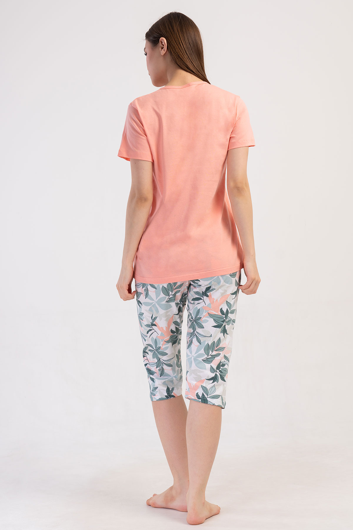 Pınarca Kadın Kapri Takım Kısa Kollu Pamuklu Gömlek Yaka Yaprak Desenli - Somon - Thumbnail