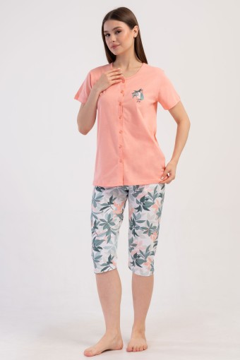 PINARCA EV GİYİM - Pınarca Kadın Kapri Takım Kısa Kollu Pamuklu Gömlek Yaka Yaprak Desenli - Somon