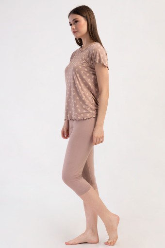 PINARCA EV GİYİM - Pınarca Kadın Kapri Takım Kısa Kollu Viskon Bisiklet Yaka Kalp Desenli - Açık Kahve (1)