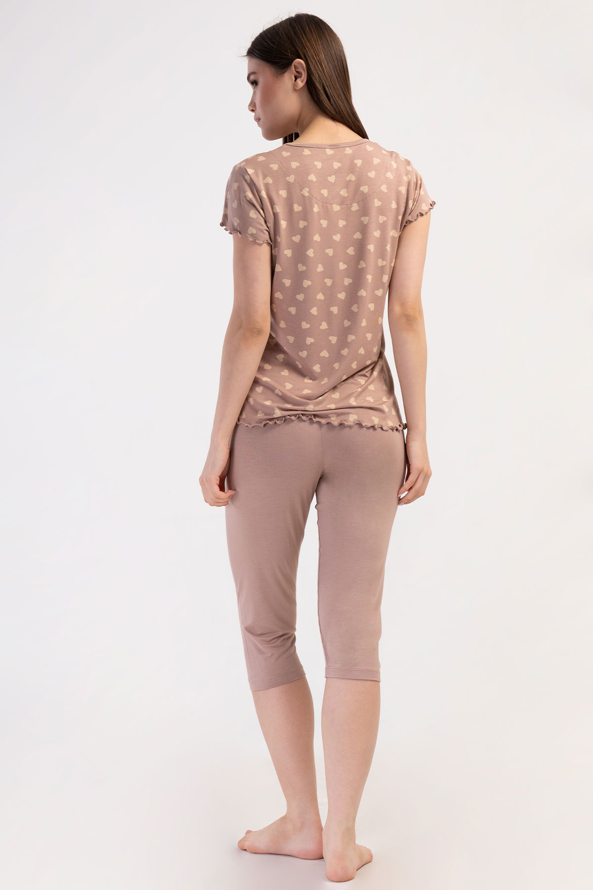 Pınarca Kadın Kapri Takım Kısa Kollu Viskon Bisiklet Yaka Kalp Desenli - Açık Kahve - Thumbnail