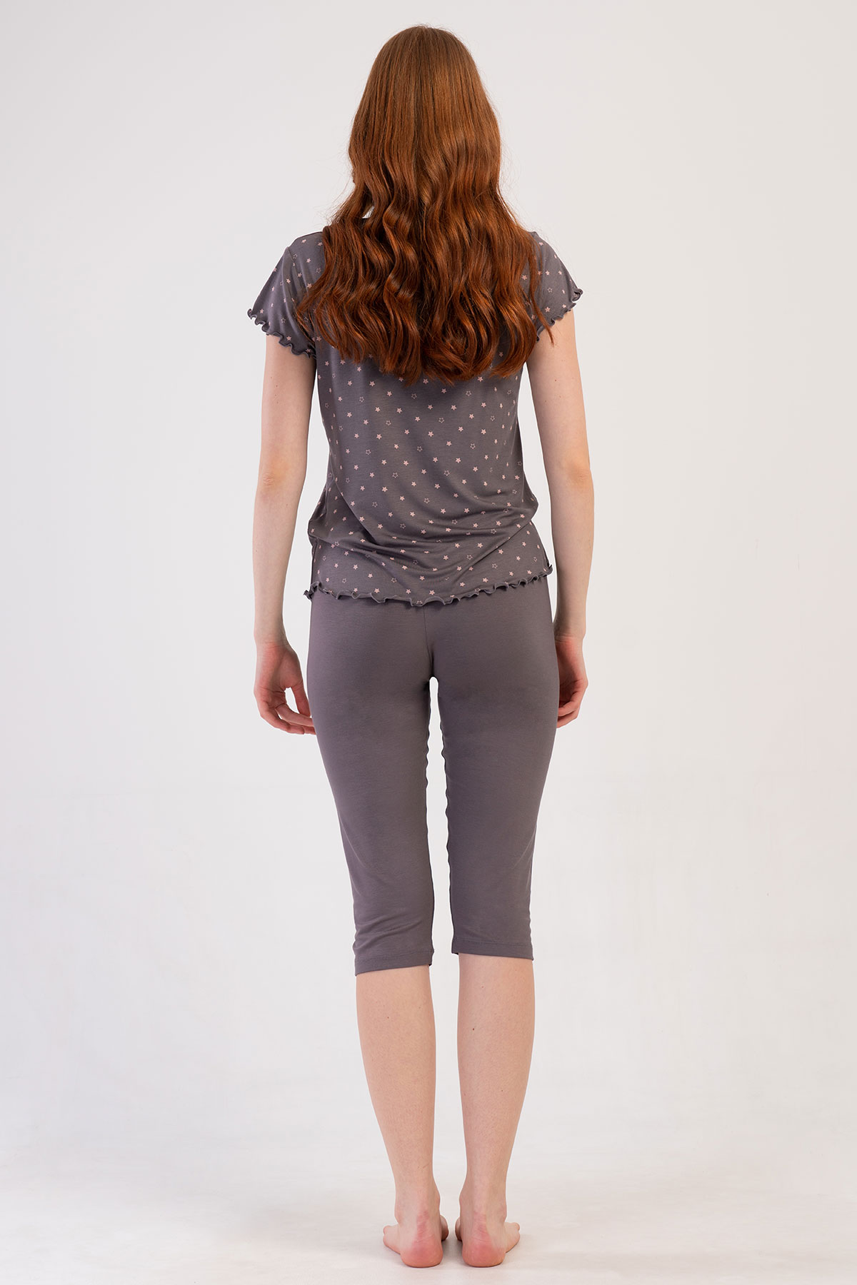 Pınarca Kadın Kapri Takım Kısa Kollu Viskon Puantiyeli Bisiklet Yaka - Antrasit - Thumbnail