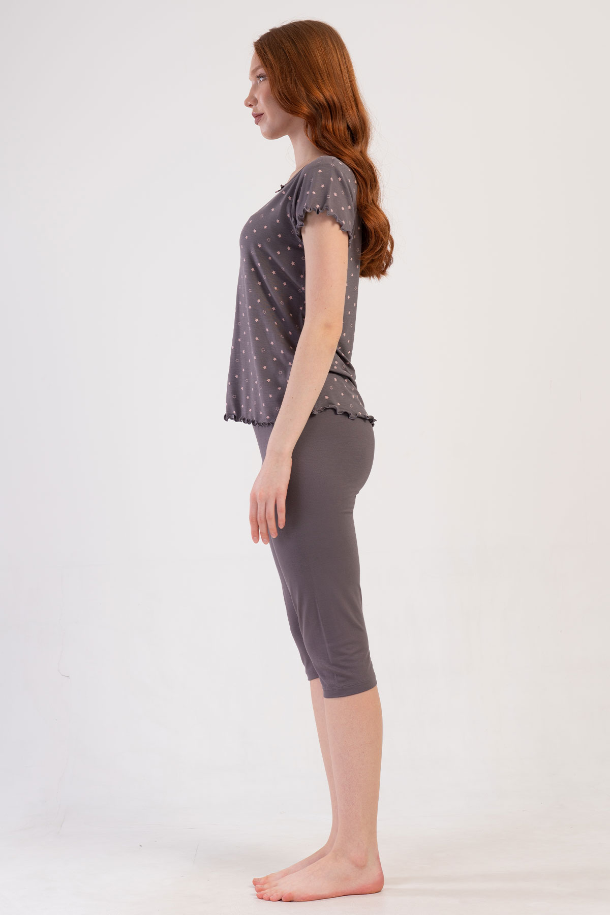 Pınarca Kadın Kapri Takım Kısa Kollu Viskon Puantiyeli Bisiklet Yaka - Antrasit - Thumbnail