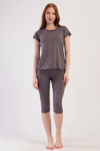 PINARCA EV GİYİM - Pınarca Kadın Kapri Takım Kısa Kollu Viskon Puantiyeli Bisiklet Yaka - Antrasit