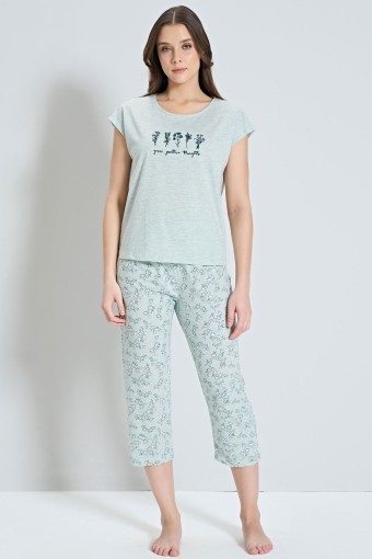 PINARCA EV GİYİM - Pınarca Kadın Kapri Takımı Kısa Kollu Çiçek Desenli - Mavi