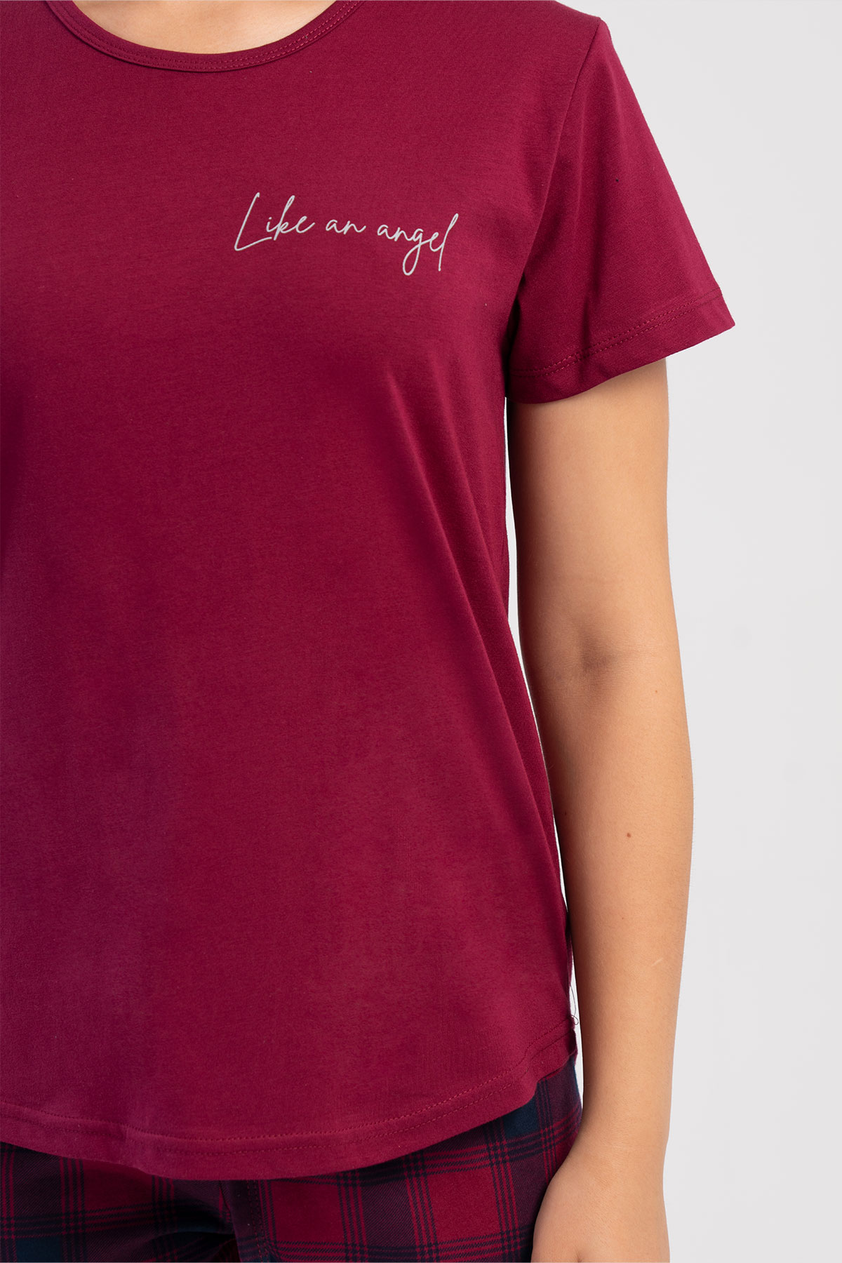 Pınarca Kadın Pijama Takım Büyük Beden Kısa Kollu Pamuklu Bisiklet Yaka Ekose Desenli - Bordo - Thumbnail