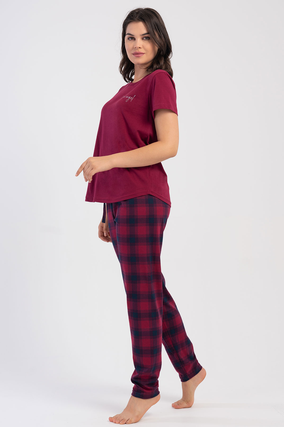 Pınarca Kadın Pijama Takım Büyük Beden Kısa Kollu Pamuklu Bisiklet Yaka Ekose Desenli - Bordo - Thumbnail