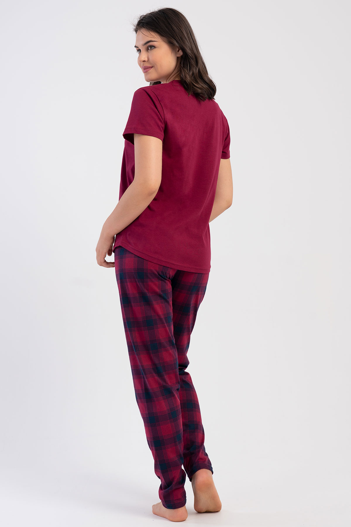 Pınarca Kadın Pijama Takım Büyük Beden Kısa Kollu Pamuklu Bisiklet Yaka Ekose Desenli - Bordo - Thumbnail