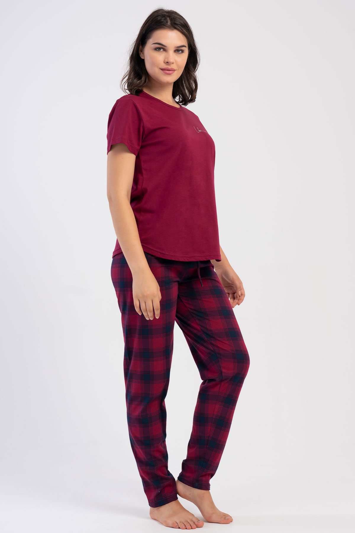 Pınarca Kadın Pijama Takım Büyük Beden Kısa Kollu Pamuklu Bisiklet Yaka Ekose Desenli - Bordo - Thumbnail