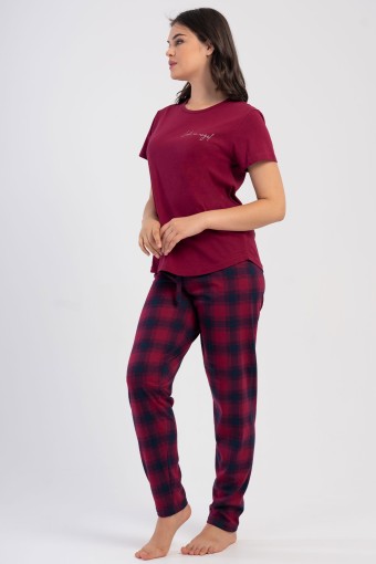 PINARCA EV GİYİM - Pınarca Kadın Pijama Takım Büyük Beden Kısa Kollu Pamuklu Bisiklet Yaka Ekose Desenli - Bordo