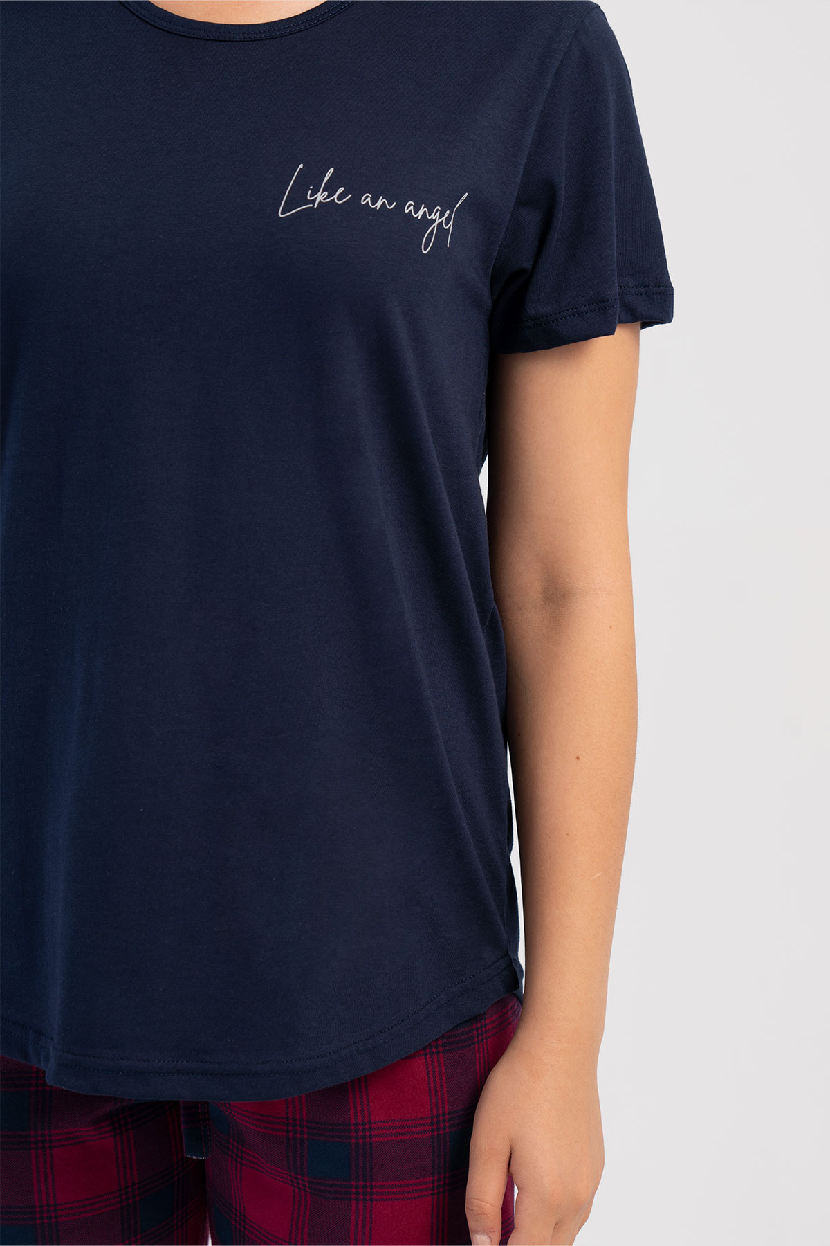 Pınarca Kadın Pijama Takım Büyük Beden Kısa Kollu Pamuklu Bisiklet Yaka Ekose Desenli - Lacivert - Thumbnail