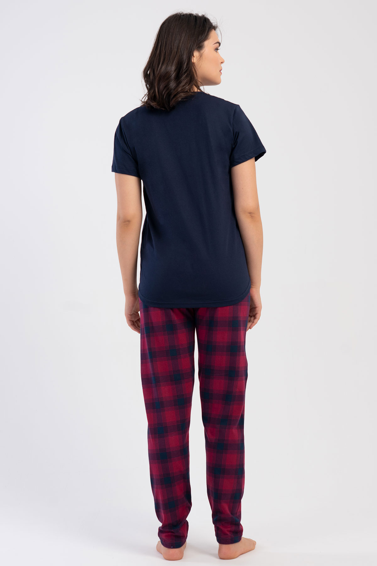 Pınarca Kadın Pijama Takım Büyük Beden Kısa Kollu Pamuklu Bisiklet Yaka Ekose Desenli - Lacivert - Thumbnail