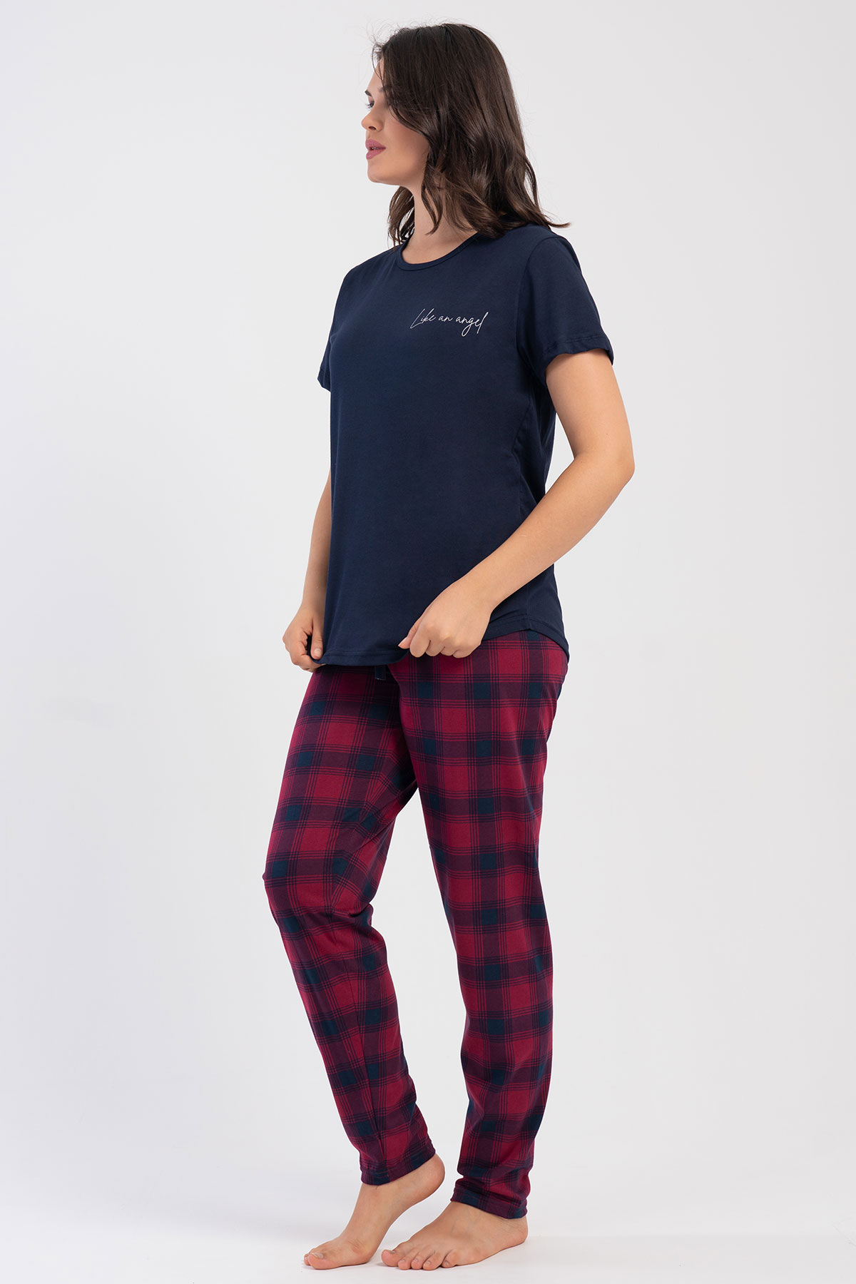 Pınarca Kadın Pijama Takım Büyük Beden Kısa Kollu Pamuklu Bisiklet Yaka Ekose Desenli - Lacivert - Thumbnail