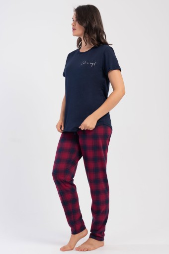 PINARCA EV GİYİM - Pınarca Kadın Pijama Takım Büyük Beden Kısa Kollu Pamuklu Bisiklet Yaka Ekose Desenli - Lacivert (1)