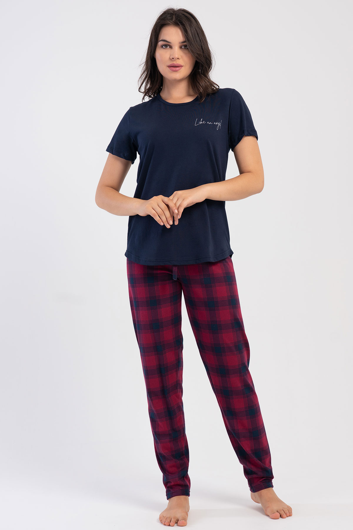 Pınarca Kadın Pijama Takım Büyük Beden Kısa Kollu Pamuklu Bisiklet Yaka Ekose Desenli - Lacivert - Thumbnail