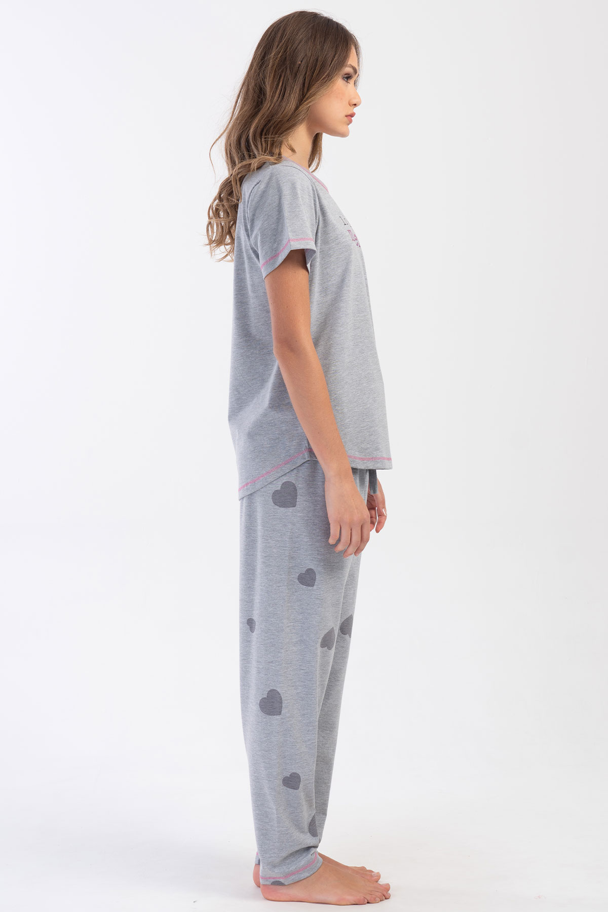 Pınarca Kadın Pijama Takım Büyük Beden Kısa Kollu Pamuklu Bisiklet Yaka Kalp Desenli - Grimelanj - Thumbnail