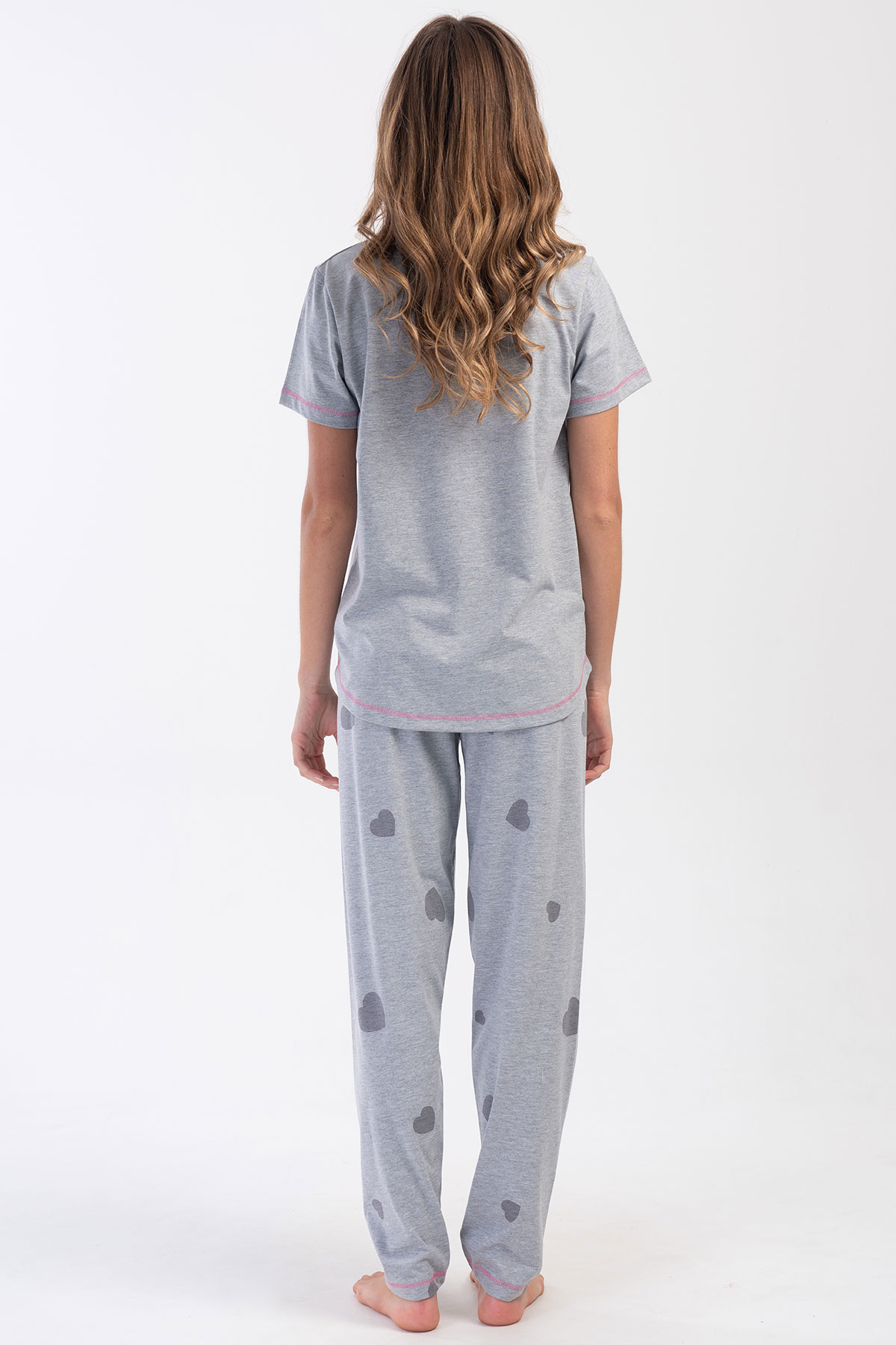 Pınarca Kadın Pijama Takım Büyük Beden Kısa Kollu Pamuklu Bisiklet Yaka Kalp Desenli - Grimelanj - Thumbnail