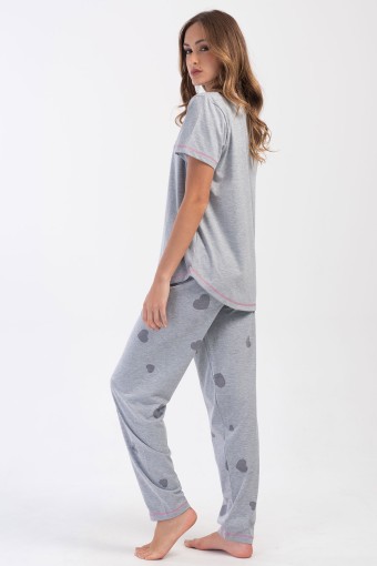PINARCA EV GİYİM - Pınarca Kadın Pijama Takım Büyük Beden Kısa Kollu Pamuklu Bisiklet Yaka Kalp Desenli - Grimelanj (1)