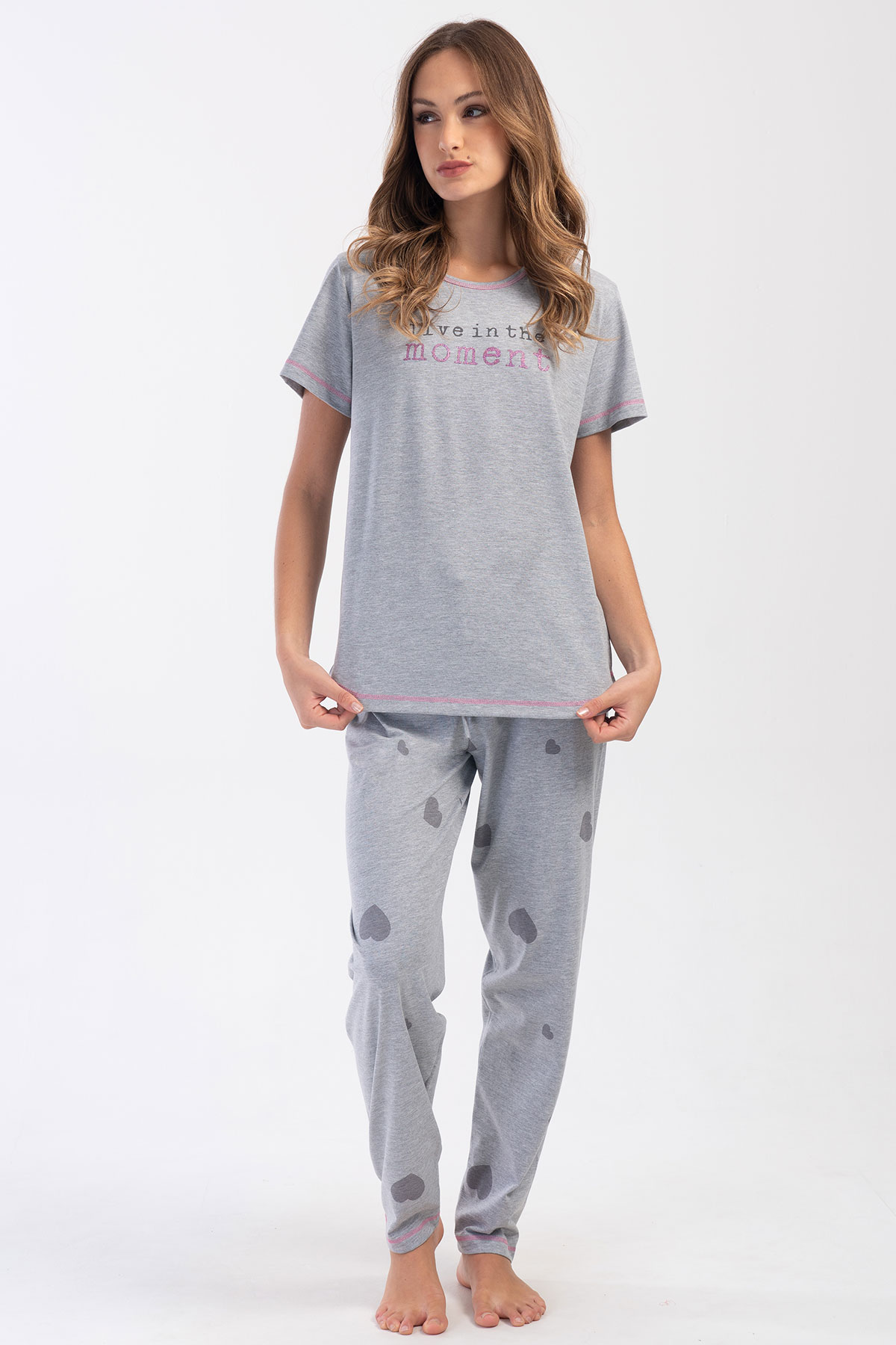 Pınarca Kadın Pijama Takım Büyük Beden Kısa Kollu Pamuklu Bisiklet Yaka Kalp Desenli - Grimelanj - Thumbnail