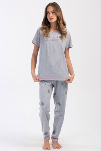 PINARCA EV GİYİM - Pınarca Kadın Pijama Takım Büyük Beden Kısa Kollu Pamuklu Bisiklet Yaka Kalp Desenli - Grimelanj