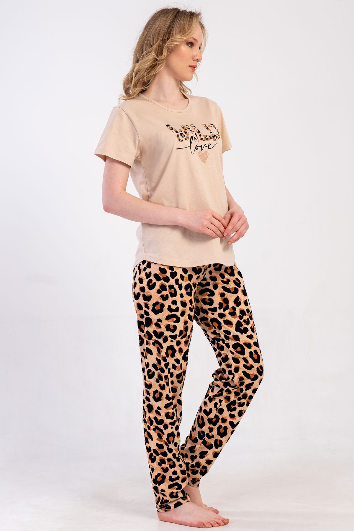 Pınarca Kadın Pijama Takım Büyük Beden Kısa Kollu Pamuklu Bisiklet Yaka Leopar Desenli - Bej - Thumbnail