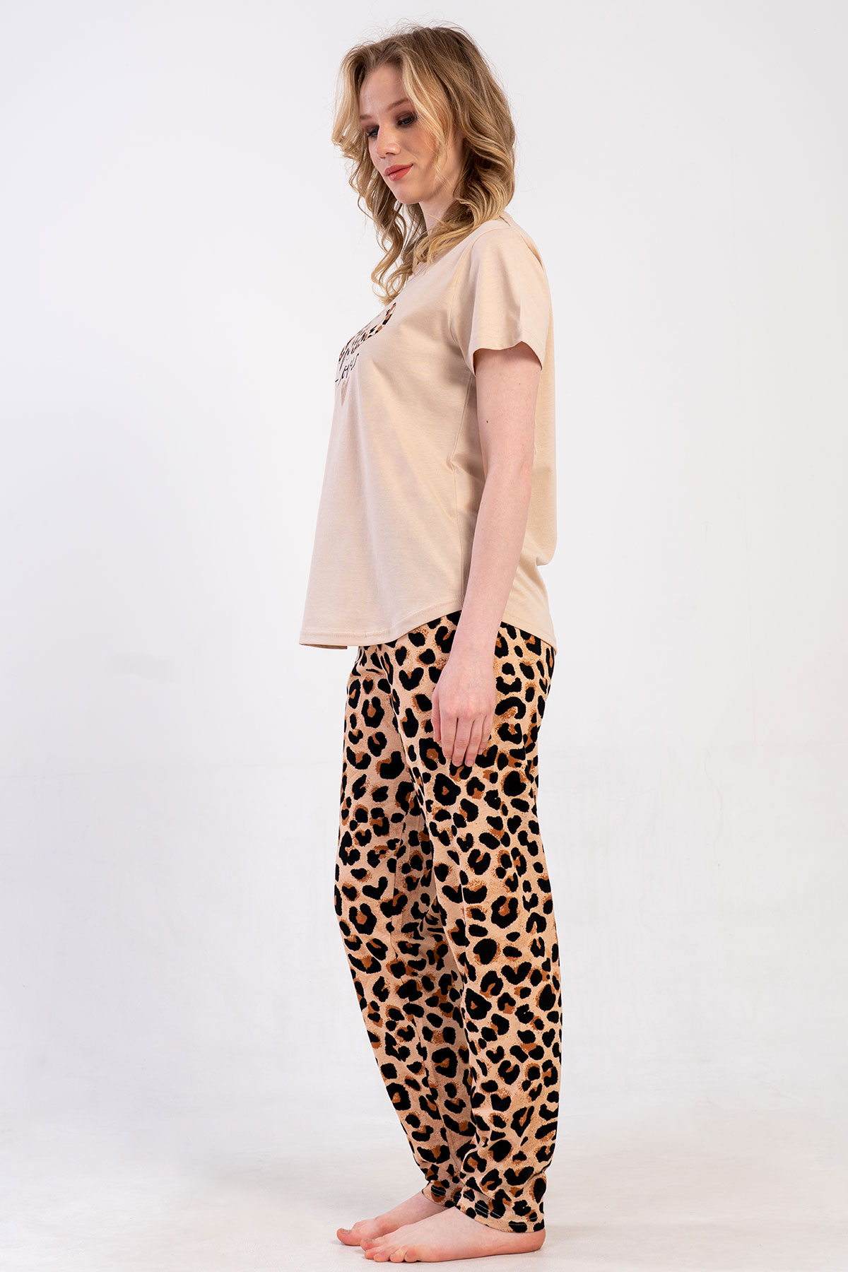 Pınarca Kadın Pijama Takım Büyük Beden Kısa Kollu Pamuklu Bisiklet Yaka Leopar Desenli - Bej - Thumbnail