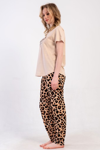 PINARCA EV GİYİM - Pınarca Kadın Pijama Takım Büyük Beden Kısa Kollu Pamuklu Bisiklet Yaka Leopar Desenli - Bej (1)