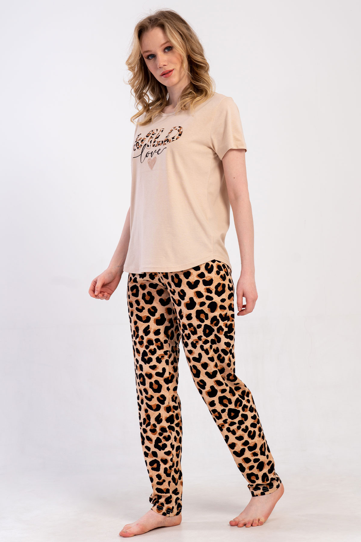 Pınarca Kadın Pijama Takım Büyük Beden Kısa Kollu Pamuklu Bisiklet Yaka Leopar Desenli - Bej - Thumbnail