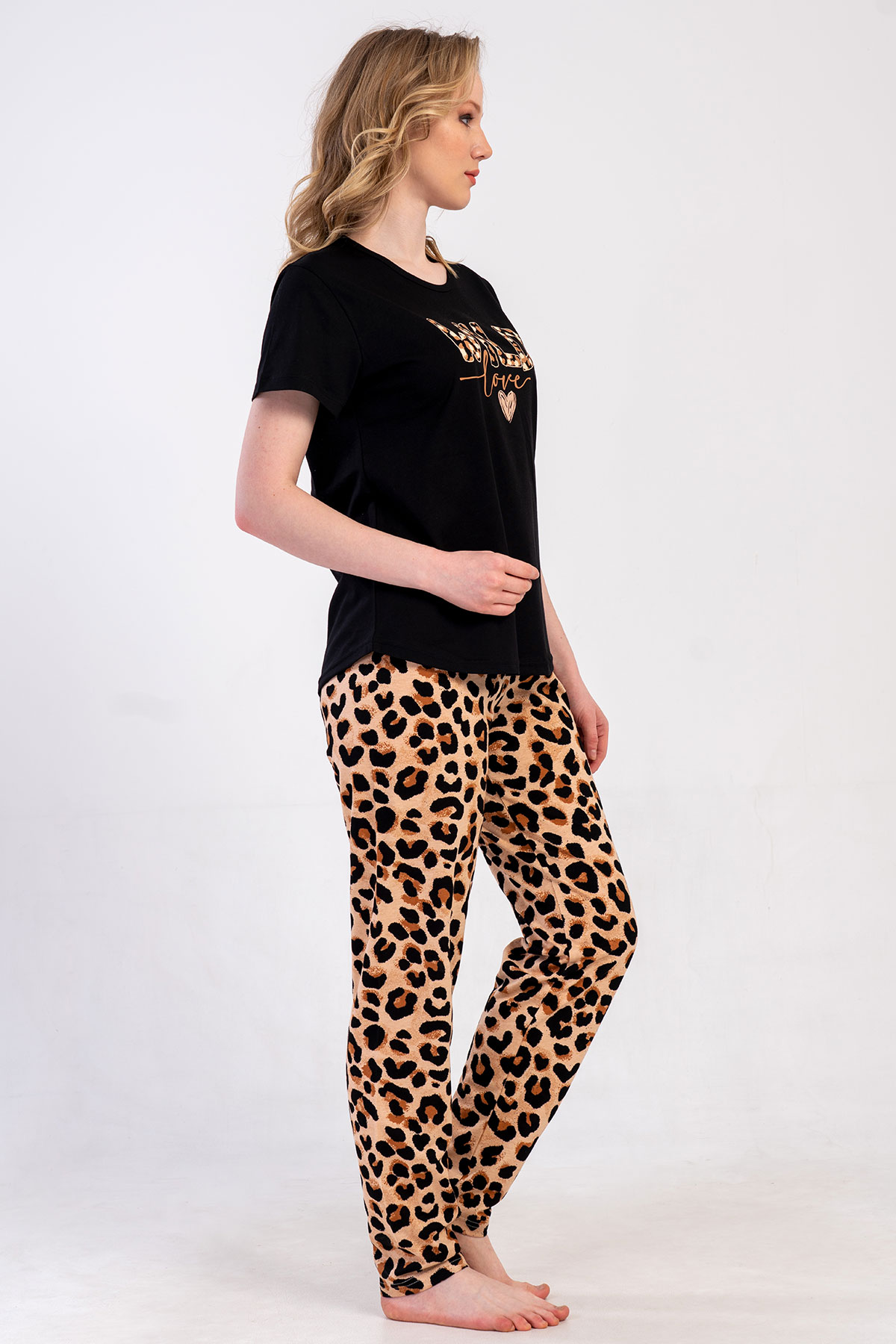 Pınarca Kadın Pijama Takım Büyük Beden Kısa Kollu Pamuklu Bisiklet Yaka Leopar Desenli - Siyah - Thumbnail