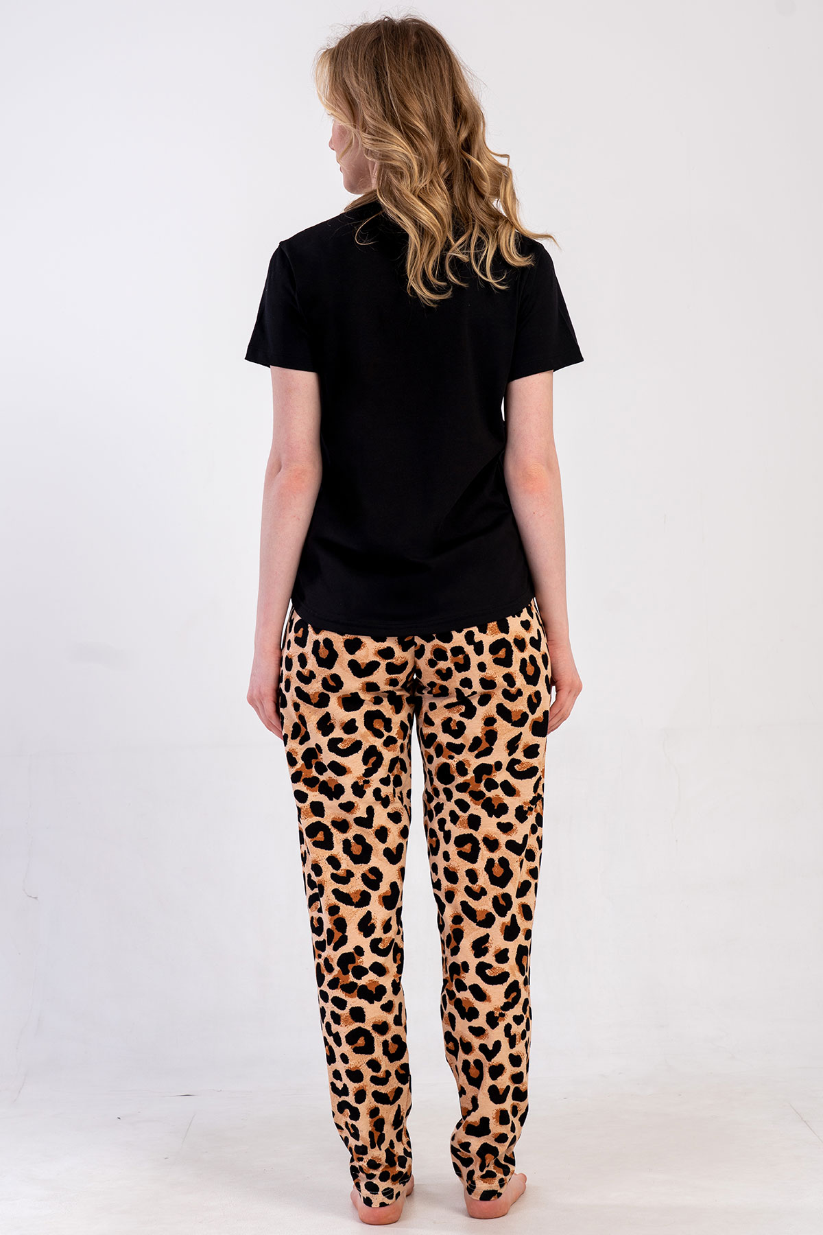 Pınarca Kadın Pijama Takım Büyük Beden Kısa Kollu Pamuklu Bisiklet Yaka Leopar Desenli - Siyah - Thumbnail