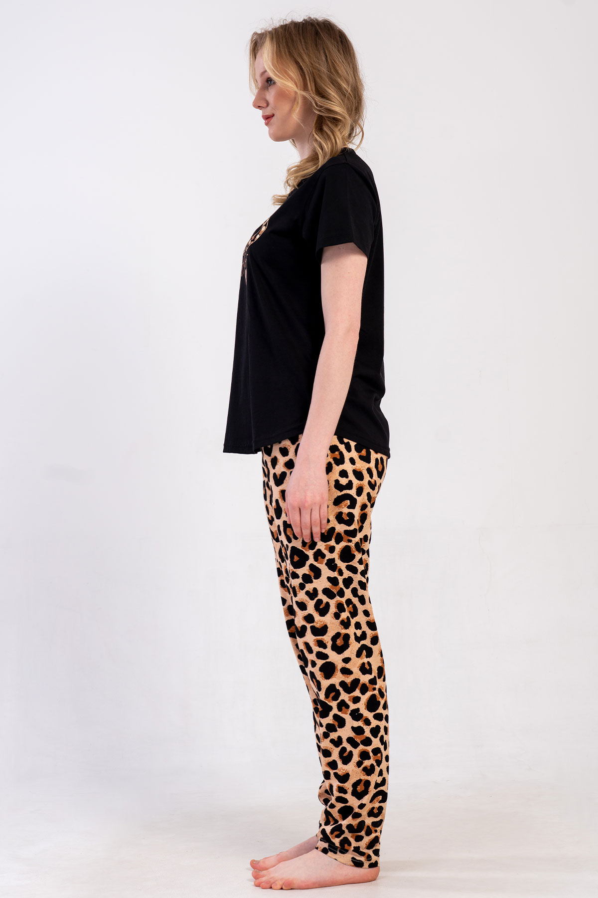 Pınarca Kadın Pijama Takım Büyük Beden Kısa Kollu Pamuklu Bisiklet Yaka Leopar Desenli - Siyah - Thumbnail