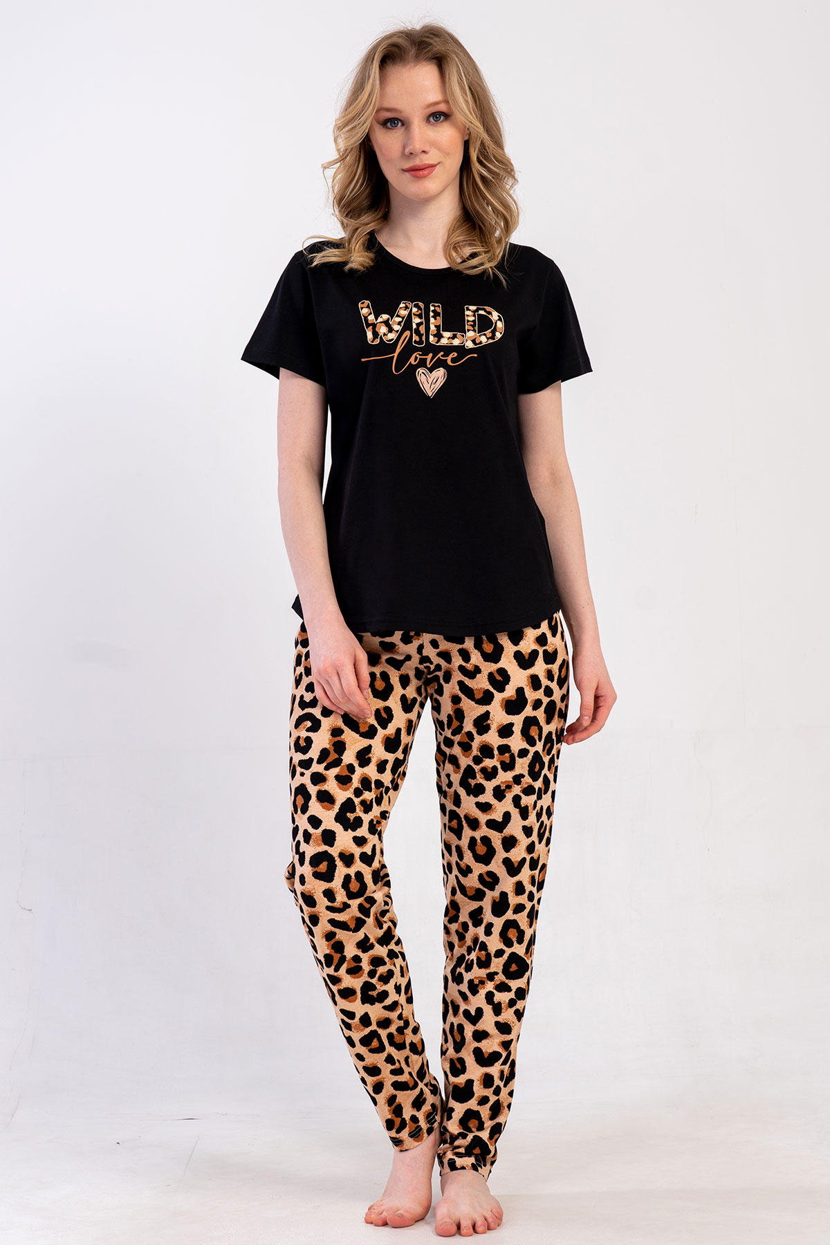 Pınarca Kadın Pijama Takım Büyük Beden Kısa Kollu Pamuklu Bisiklet Yaka Leopar Desenli - Siyah - Thumbnail