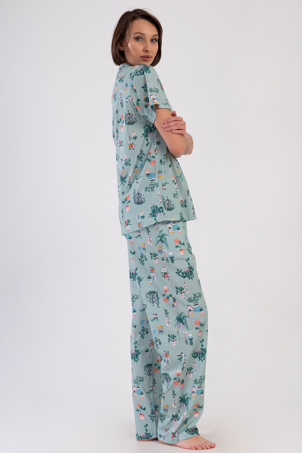 Pınarca Kadın Pijama Takım Büyük Beden Kısa Kollu Pamuklu Gömlek Yaka Çiçek Desenli - Yeşil - Thumbnail