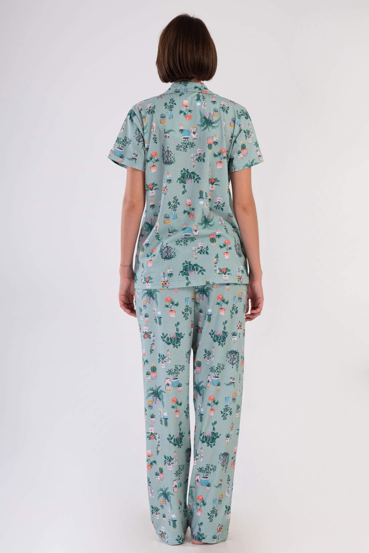 Pınarca Kadın Pijama Takım Büyük Beden Kısa Kollu Pamuklu Gömlek Yaka Çiçek Desenli - Yeşil - Thumbnail