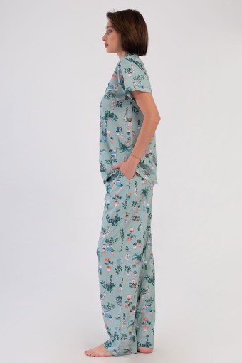 PINARCA EV GİYİM - Pınarca Kadın Pijama Takım Büyük Beden Kısa Kollu Pamuklu Gömlek Yaka Çiçek Desenli - Yeşil (1)