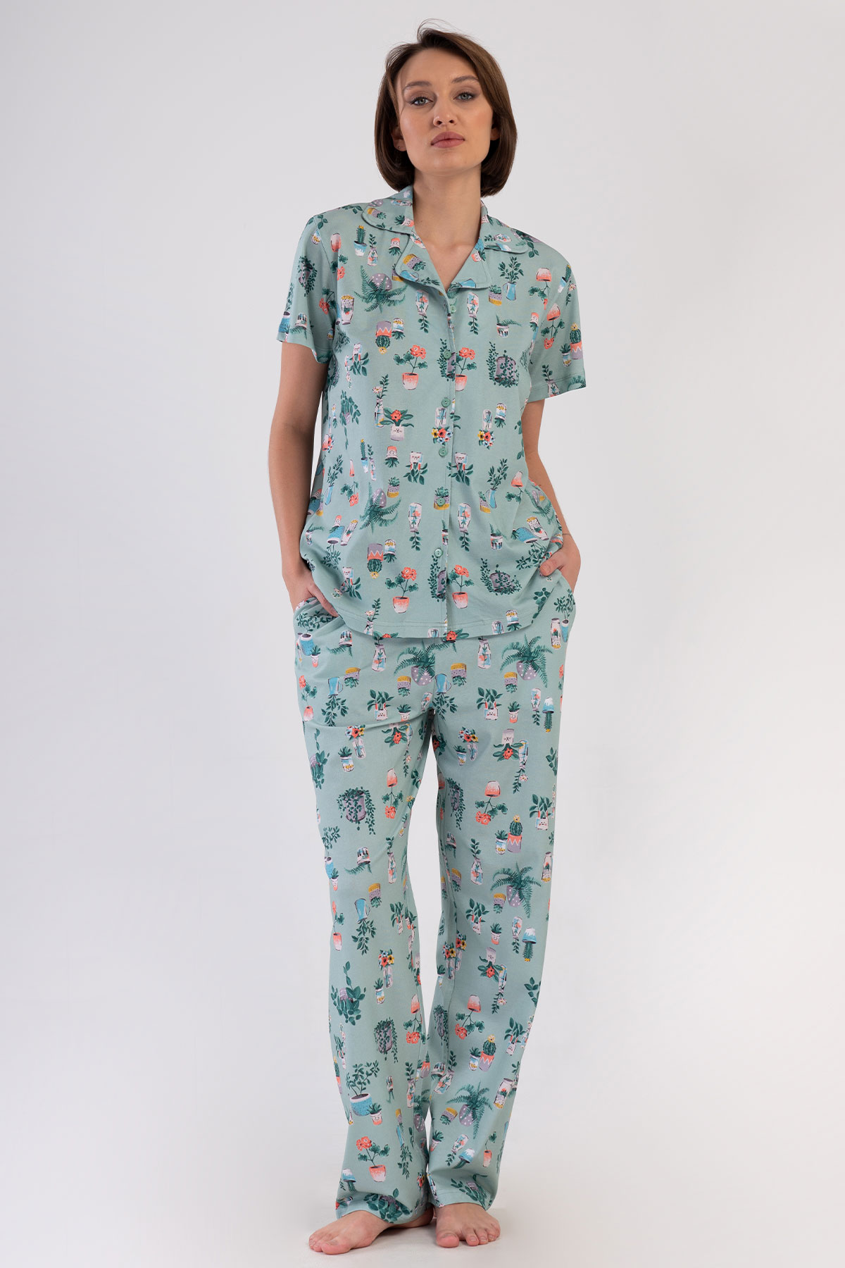 Pınarca Kadın Pijama Takım Büyük Beden Kısa Kollu Pamuklu Gömlek Yaka Çiçek Desenli - Yeşil - Thumbnail