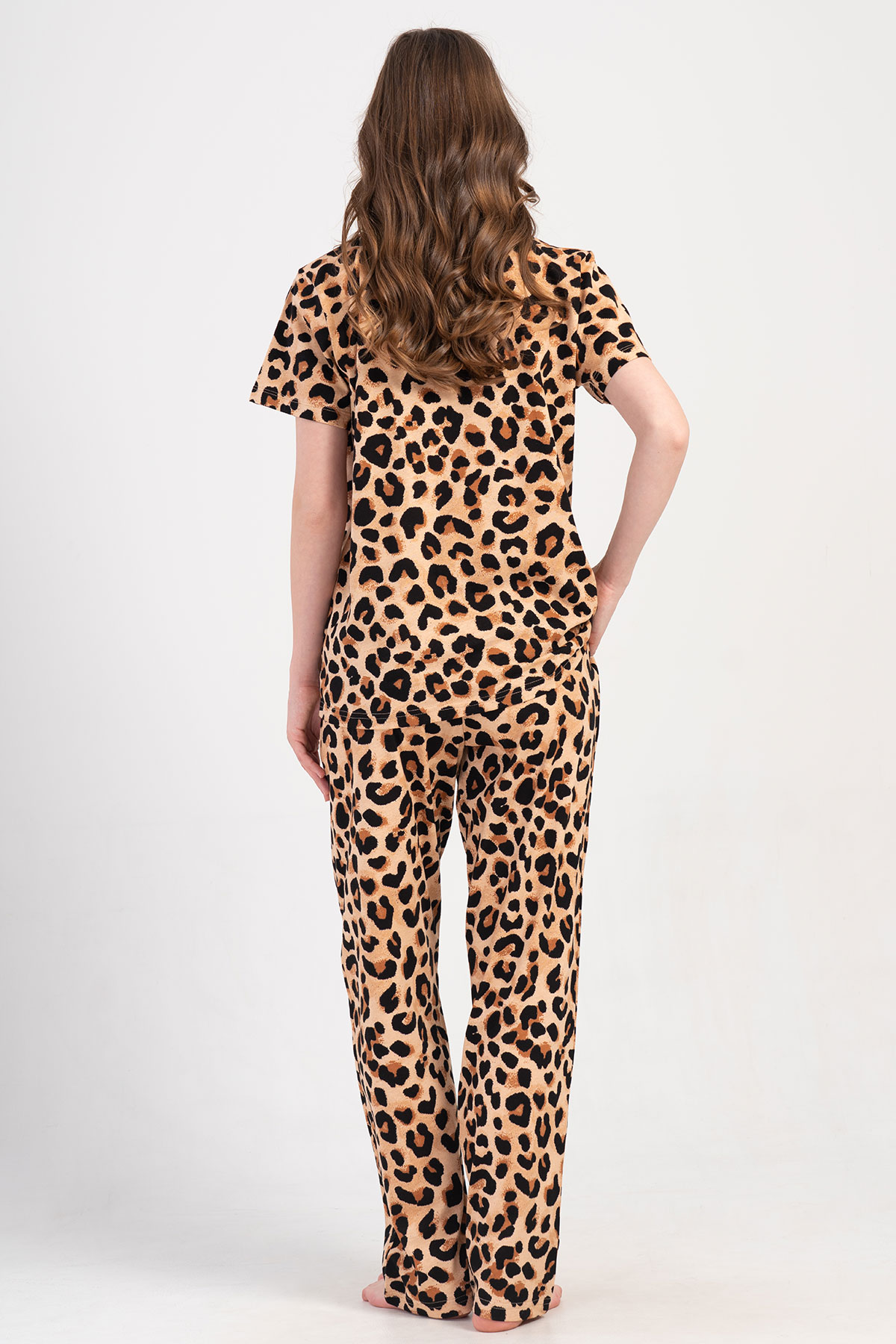 Pınarca Kadın Pijama Takım Büyük Beden Kısa Kollu Pamuklu Gömlek Yaka Leopar Desenli - Leopar - Thumbnail