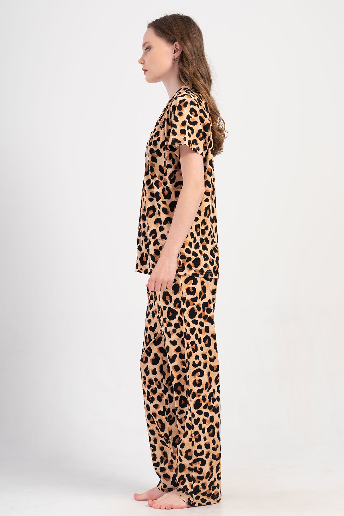 Pınarca Kadın Pijama Takım Büyük Beden Kısa Kollu Pamuklu Gömlek Yaka Leopar Desenli - Leopar - Thumbnail