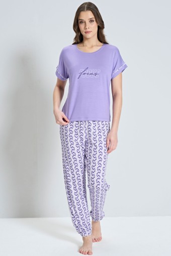 PINARCA EV GİYİM - Pınarca Kadın Pijama Takım Kısa Kollu Paça Manşetli - Lila