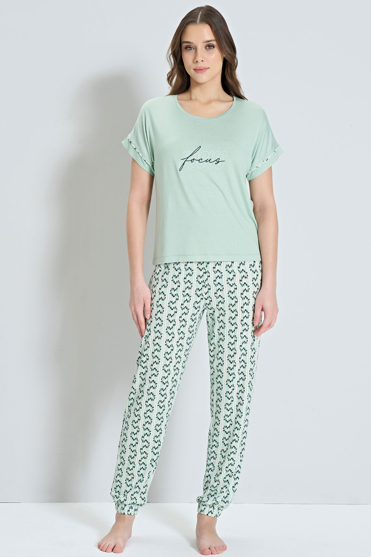 Pınarca Kadın Pijama Takım Kısa Kollu Paça Manşetli - Lila - Thumbnail